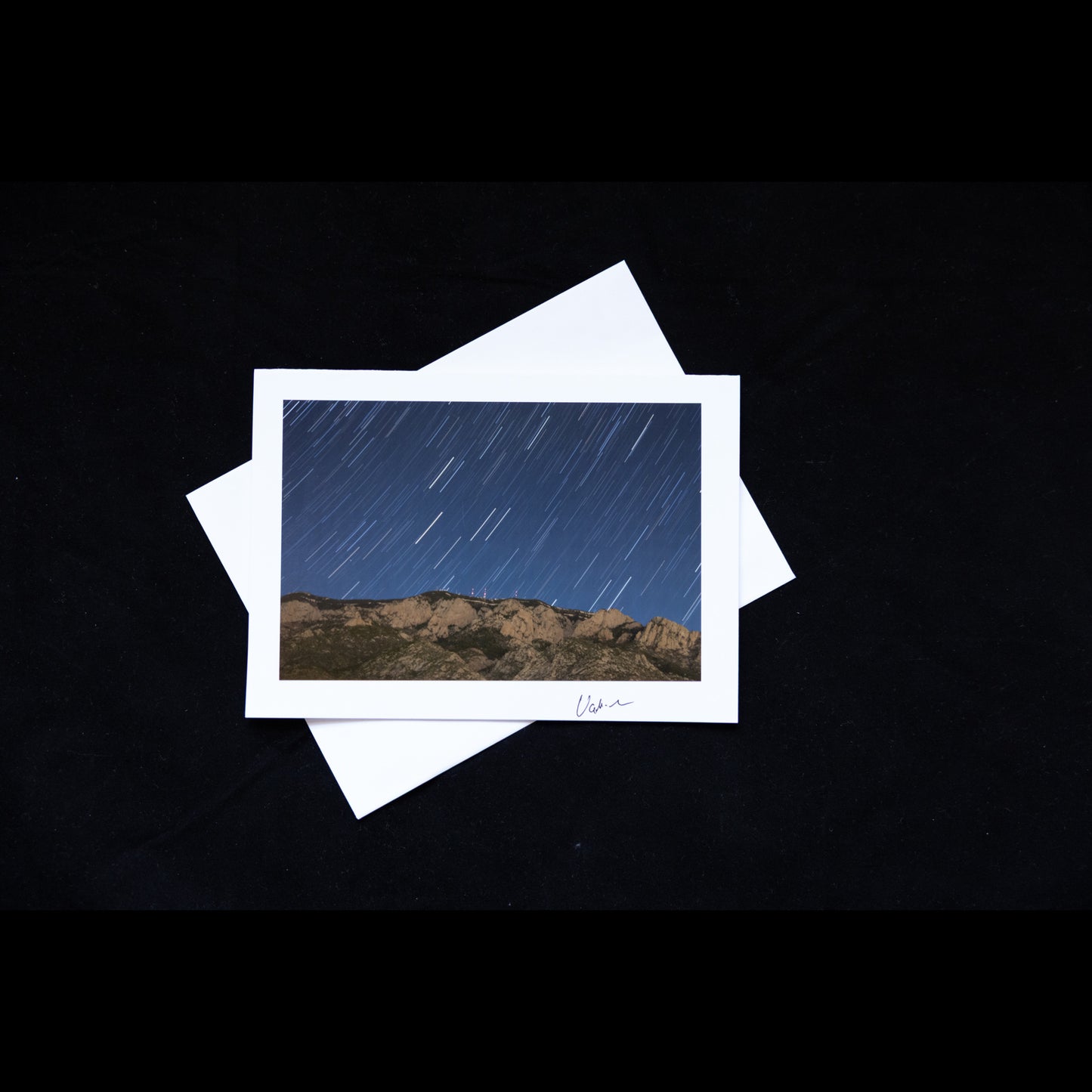 Photo notecard star trails over Sandia mountians