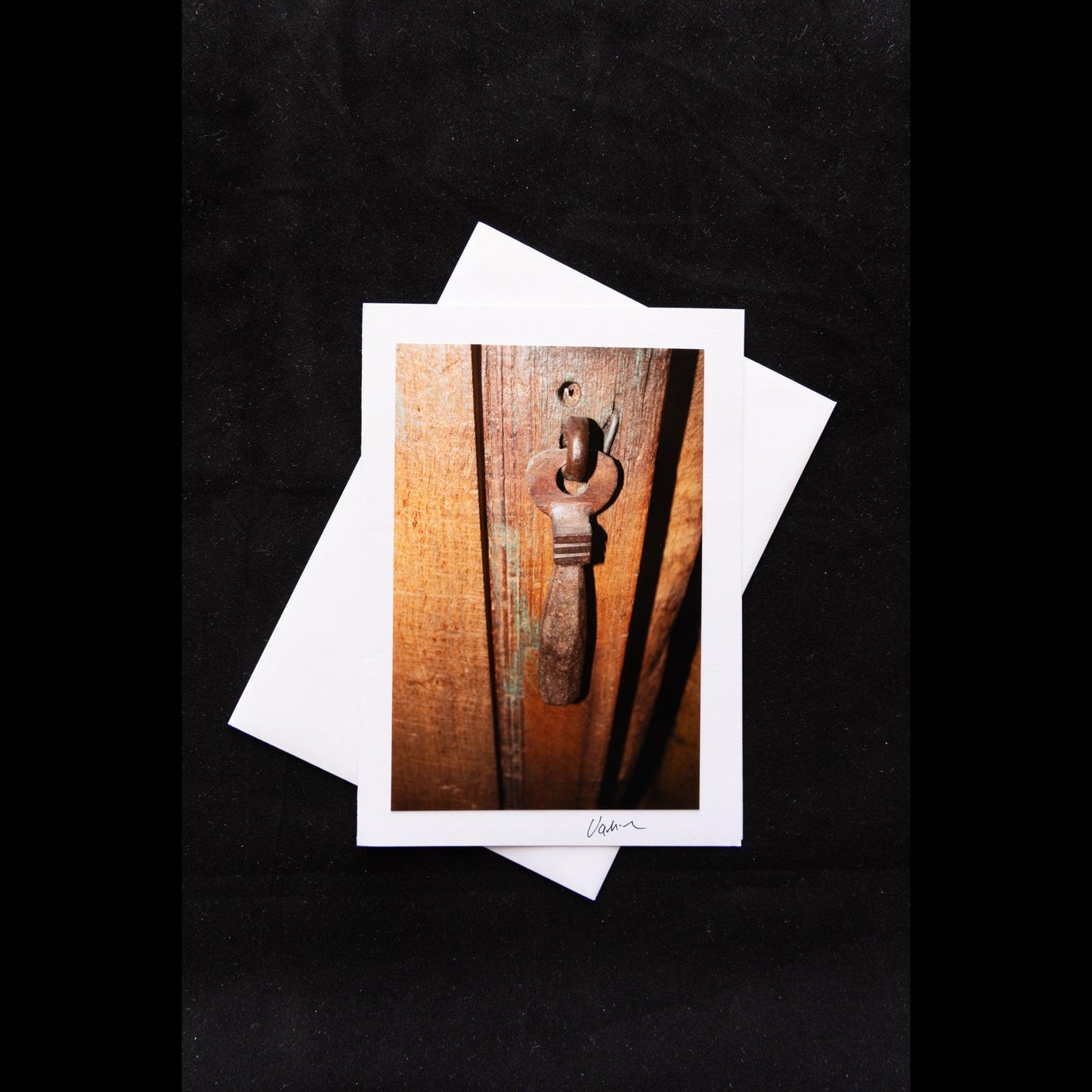 Photo notecard faded green door and handle