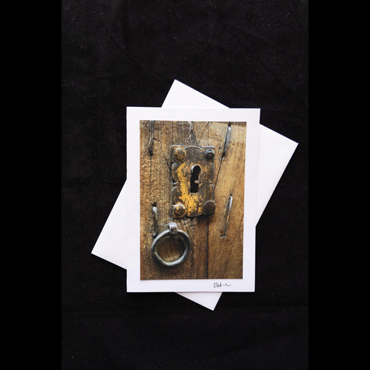 Old Yellow Lock and Hardware Notecard - V. Isenhower Photography