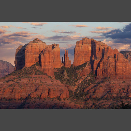 A view of Cathedral Rock in Sedona, AZ at sunset