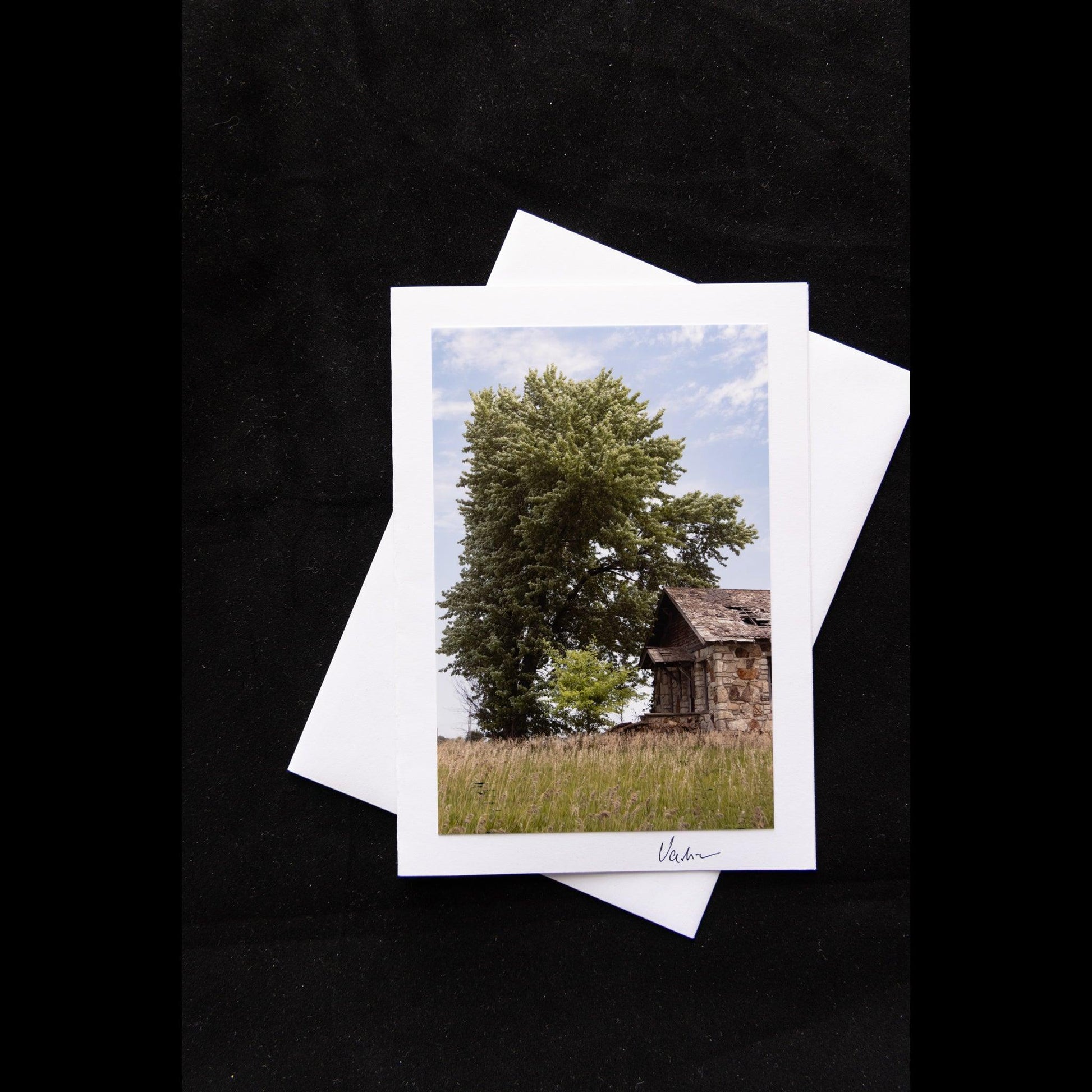 Photo notecard of old rock house and tree