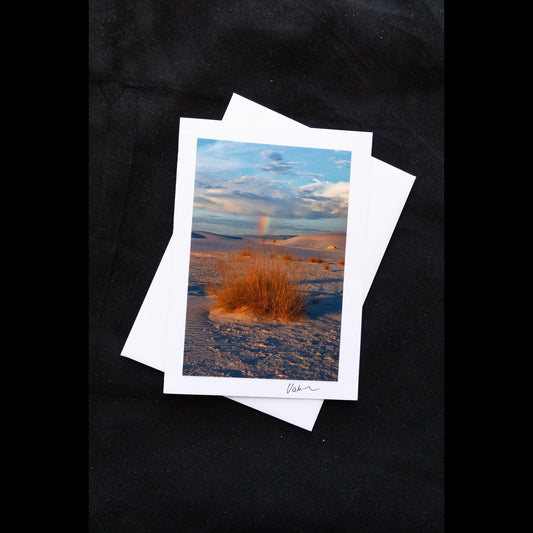 Photo notecard with a picture of a rainbow at White Sands on the front.